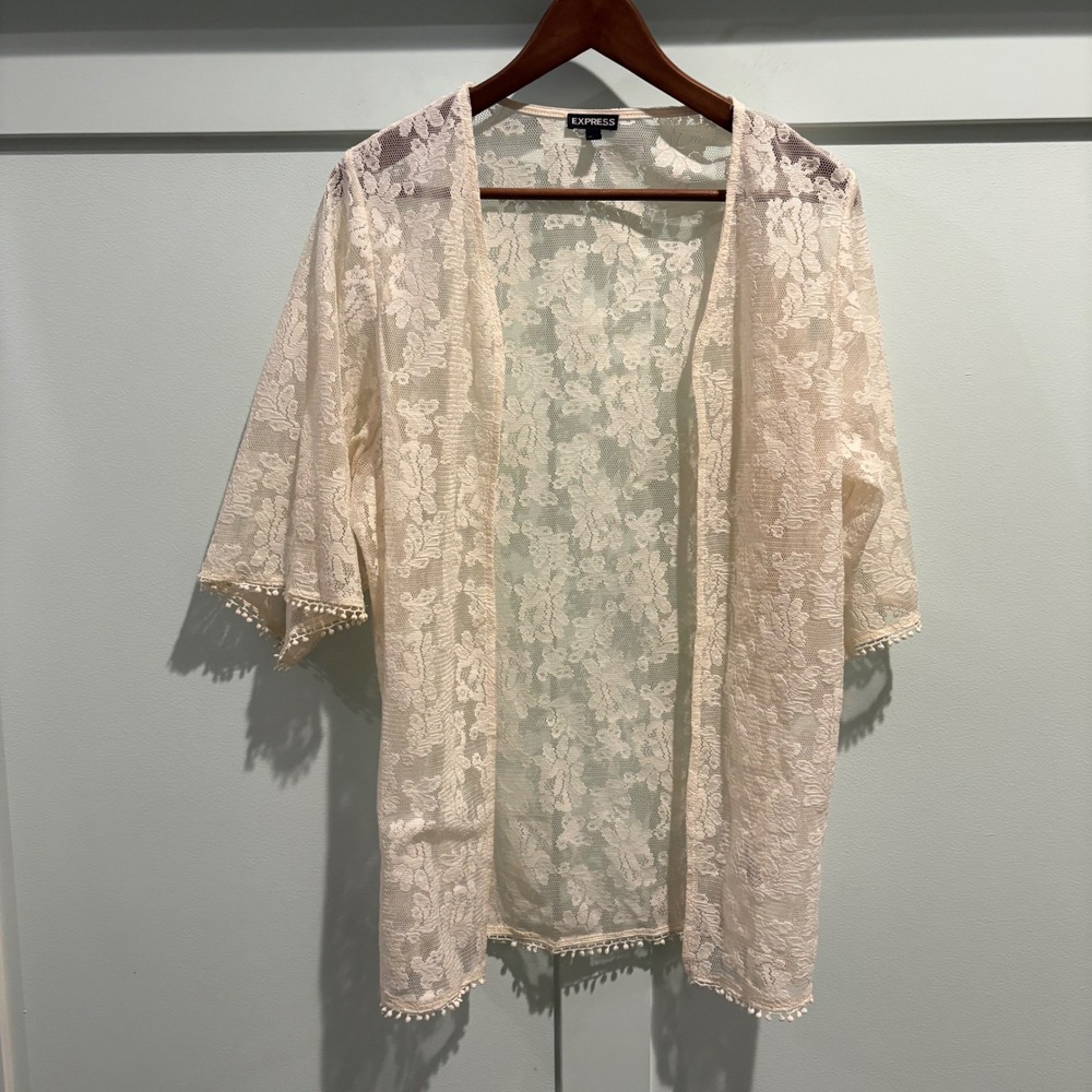 Express Floral Lace Kimono Top Women XS Cream Pom Pom Trim‎ Boho Beach Cover